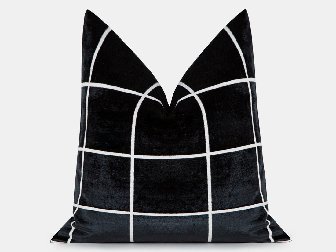 Black Windowpane Velvet Pillow Cover