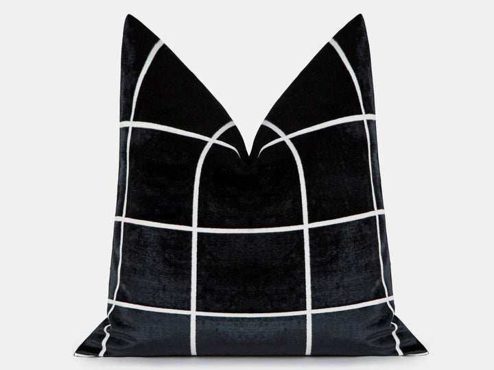 Black Windowpane Velvet Pillow Cover