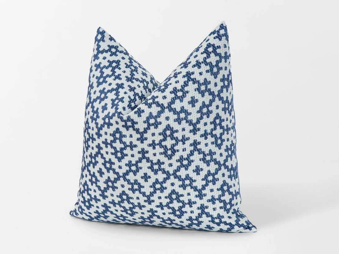 Blue Geometric Woven Outdoor Pillow Cover