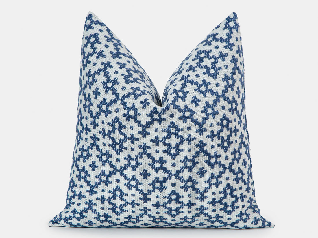 Blue Geometric Woven Outdoor Pillow Cover