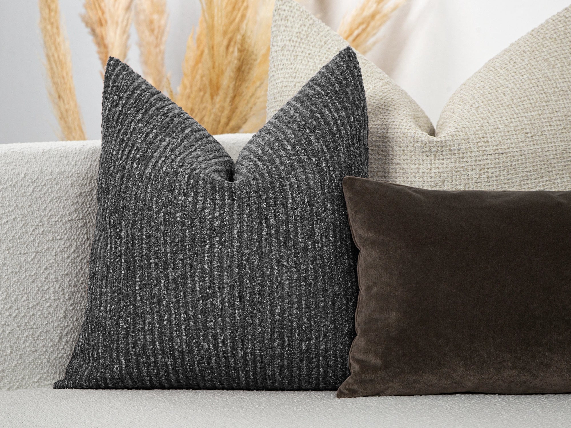 Charcoal Boucle Ribbed Pillow Cover