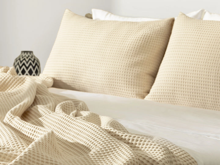 Cream Beige Waffle Bed Throw Set