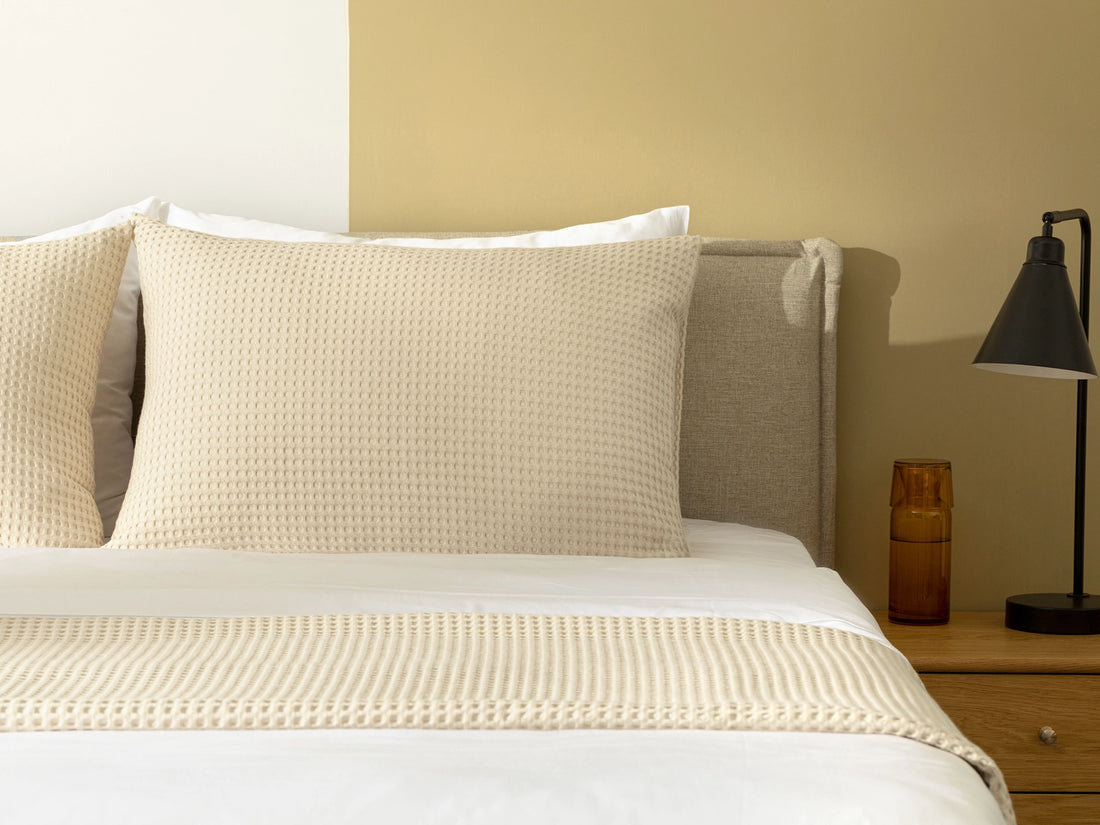 Cream Beige Waffle Bed Throw Set