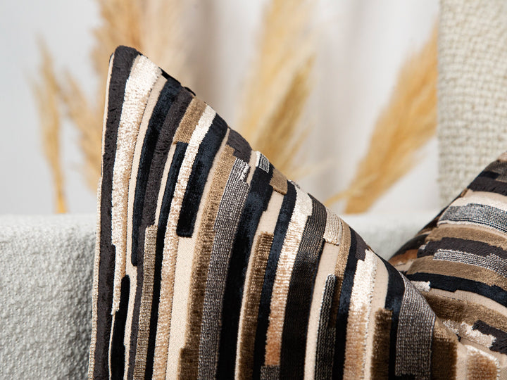 Brown Striped Cut Velvet Pillow Cover