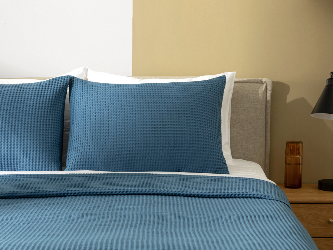 Dusty Blue Waffle Bed Throw Set