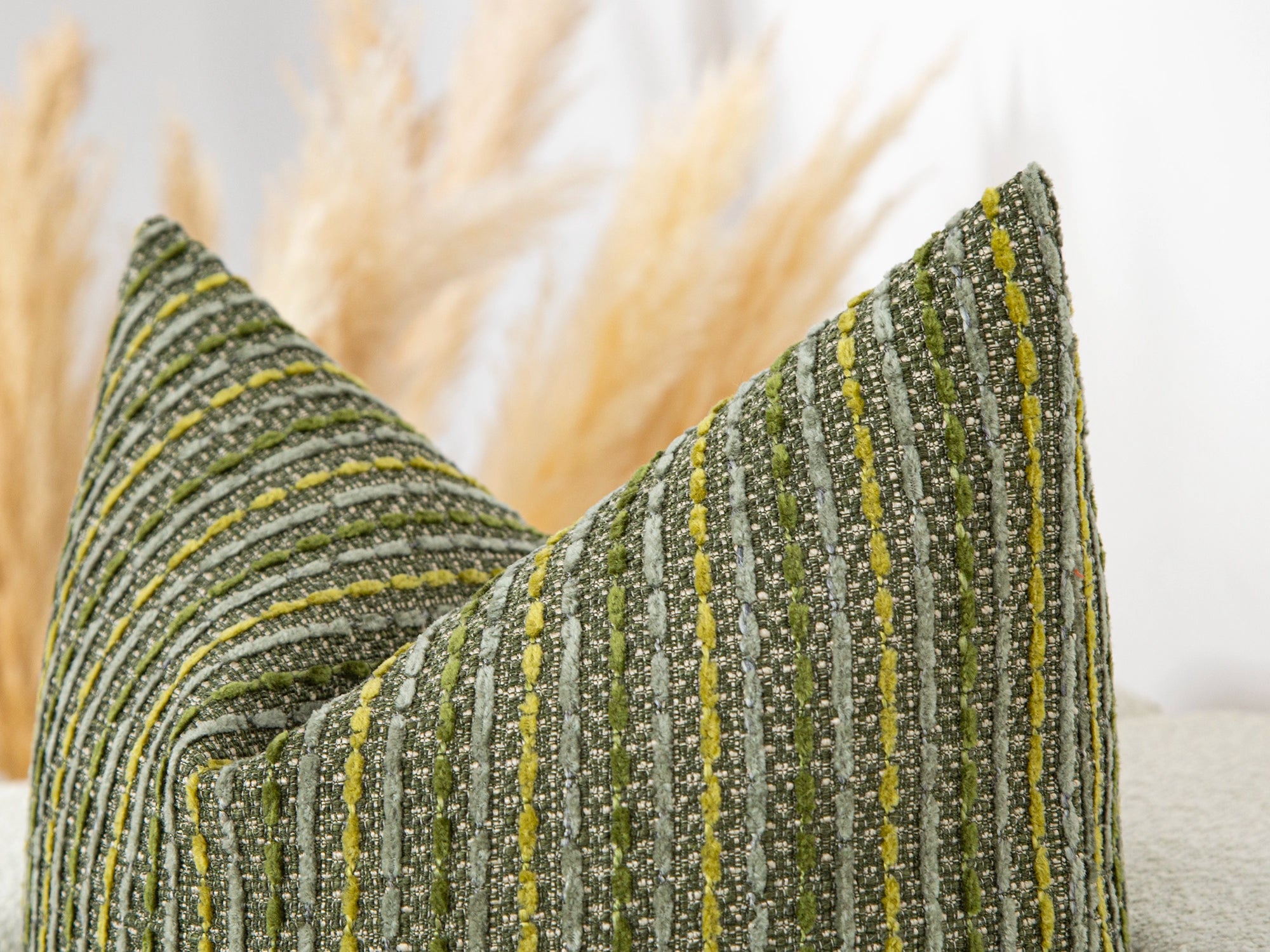 Green Striped Textured Pillow Cover