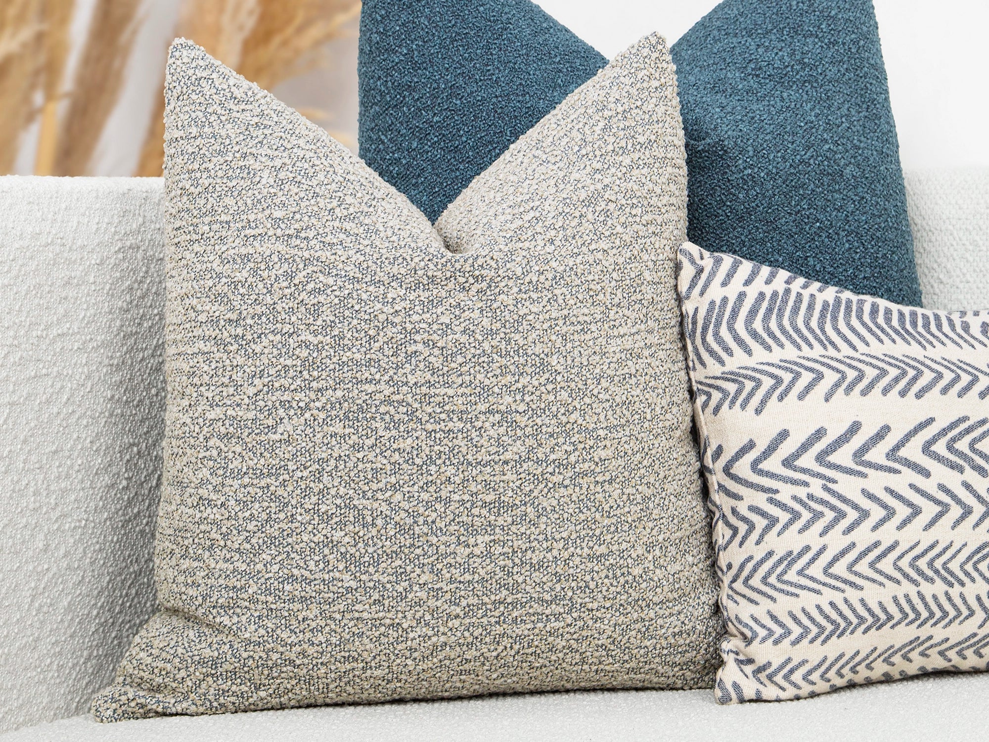 Tan and Dusty Blue Pillow Cover - Boucle & Textured