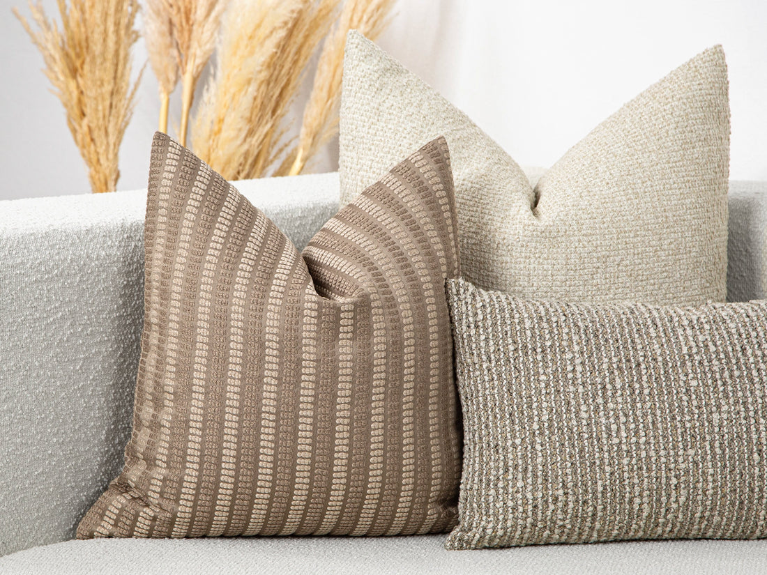 Taupe Striped Dotted Pillow Cover