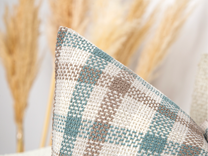 Teal Plaid Woven Pillow Cover