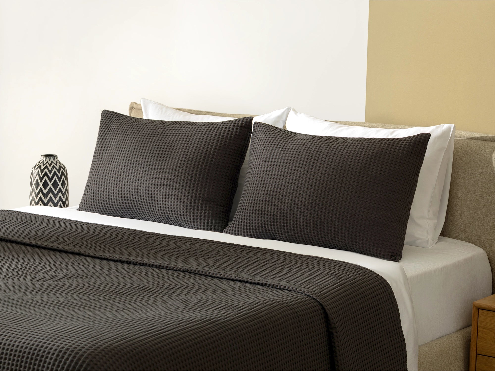 Warm Charcoal Waffle Bed Throw Set