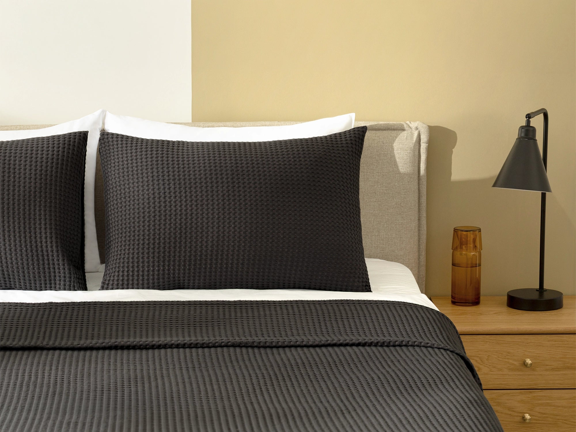 Warm Charcoal Waffle Bed Throw Set