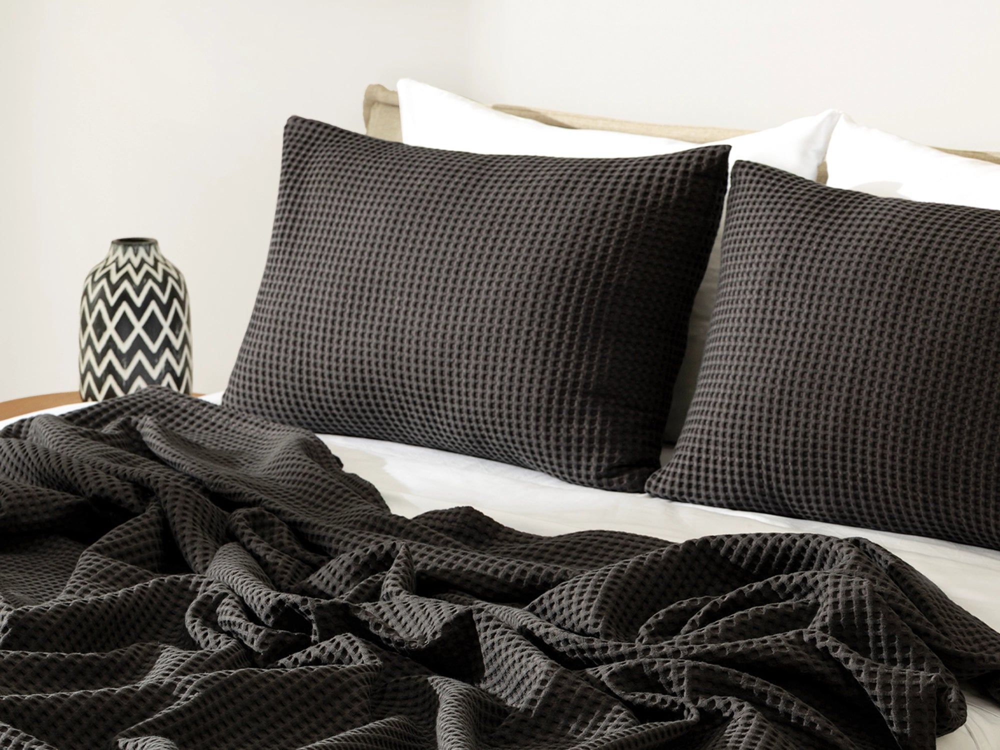 Warm Charcoal Waffle Bed Throw Set