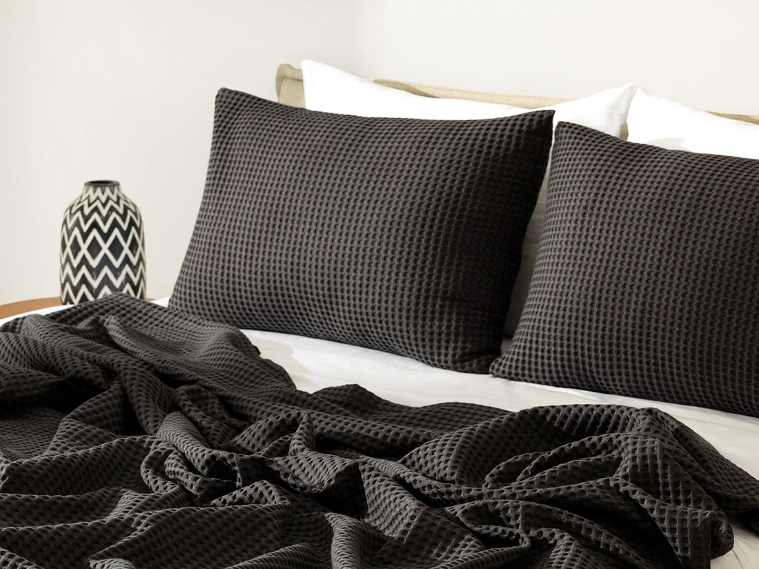 Warm Charcoal Waffle Bed Throw Set